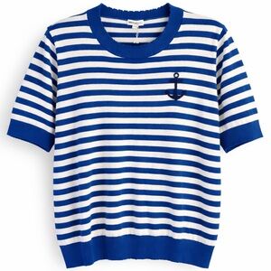 Minnie Rose Nautical Stripe Raw Edge Knit Tee Blue White Size Large NWT